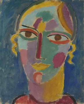  kopf Pintura - mystischer kopf frauenkopf auf blauem grund 1917 Alexej von Jawlensky Expresionismo